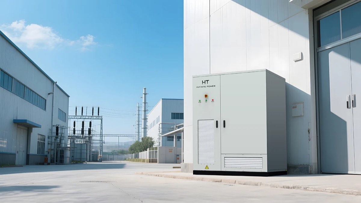 Szafowy przemysłowy magazyn energii 253 kWh przy hali produkcyjnej